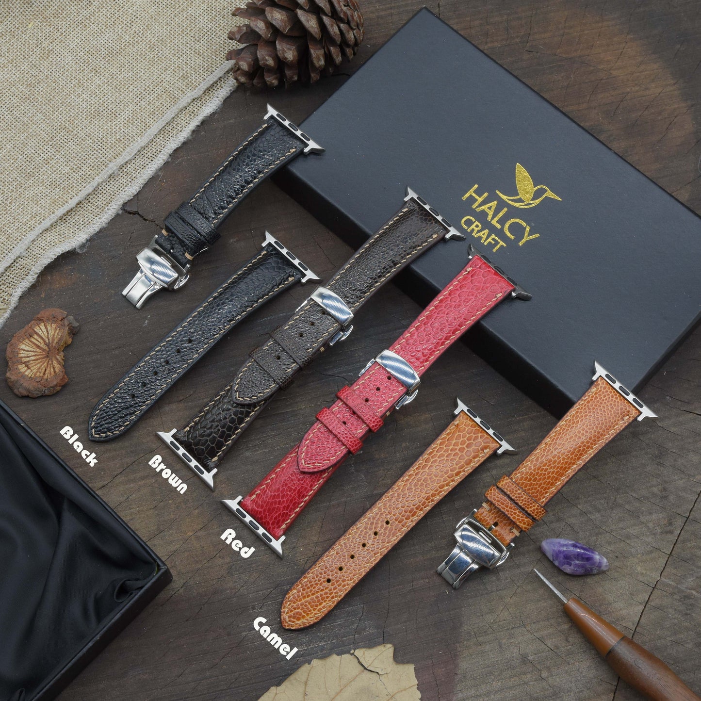 Dây đồng hồ Apple Watch làm thủ công từ da chân đà điểu - Khóa bướm- Lựa chọn màu khóa