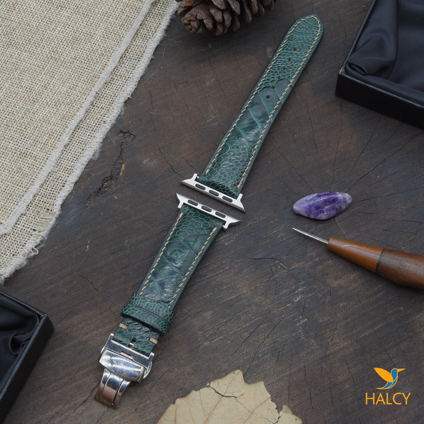 Dây đồng hồ Apple Watch làm thủ công từ da chân đà điểu vảy - Khóa bướm- Lựa chọn màu khóa