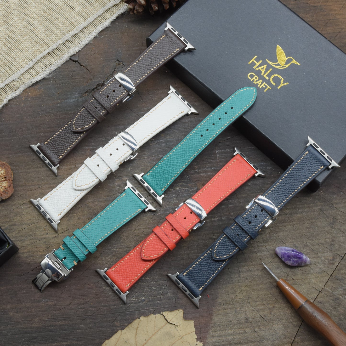 Dây đồng hồ Apple Watch làm thủ công từ da bê Epsom Pháp - Khóa bướm, lựa chọn màu khóa