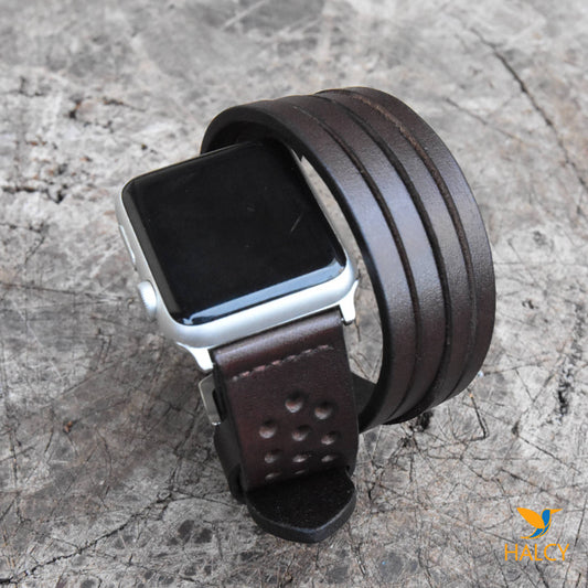 Dây đồng hồ Apple Watch hai vòng màu nâu làm thủ công từ da bò Vegetable Tanned  của Ý - Lựa chọn màu khóa