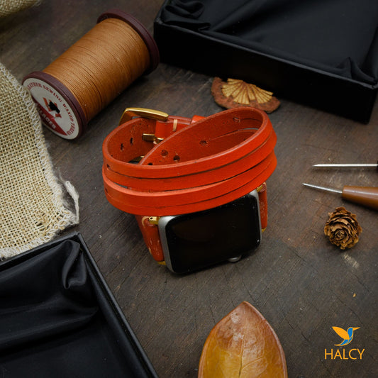 Dây đồng hồ Apple Watch hai vòng màu cam làm thủ công từ da bò Vegetable Tanned  của Ý - Lựa chọn màu khóa