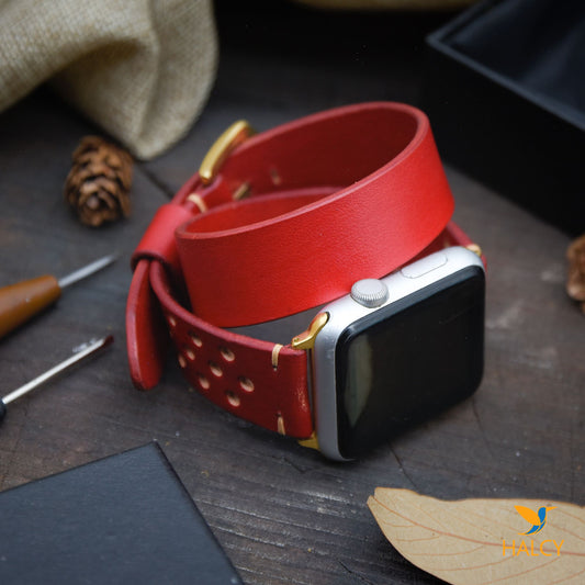 Dây đồng hồ Apple Watch hai vòng màu đỏ làm thủ công từ da bò Vegetable Tanned  của Ý - Lựa chọn màu khóa