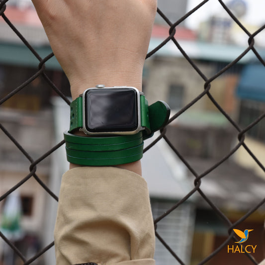 Dây đồng hồ Apple Watch hai vòng màu xanh lá cây làm thủ công từ da bò Vegetable Tanned  của Ý - Lựa chọn màu khóa
