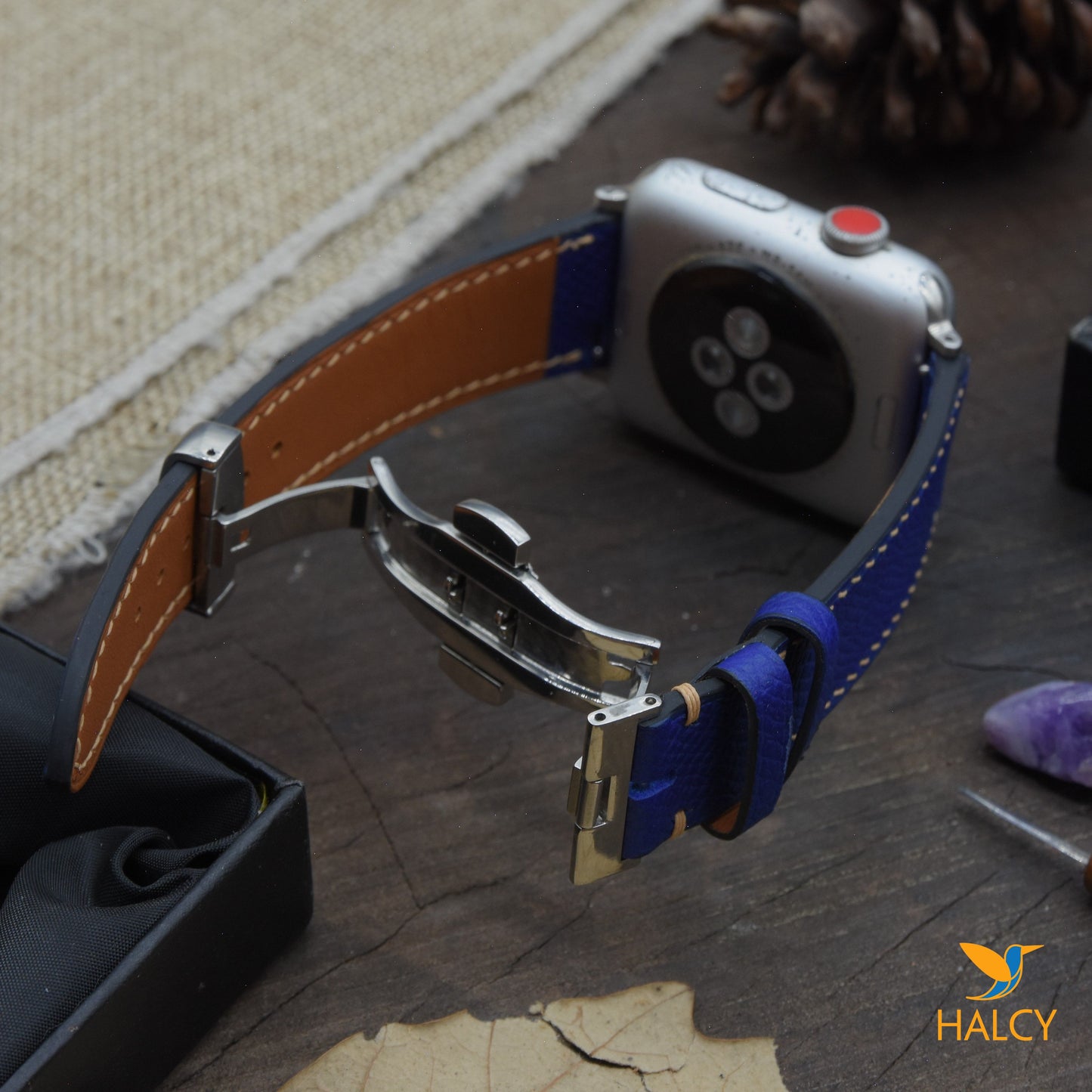 Dây đồng hồ Apple Watch làm thủ công từ da bê Epsom Pháp - Khóa bướm, lựa chọn màu khóa