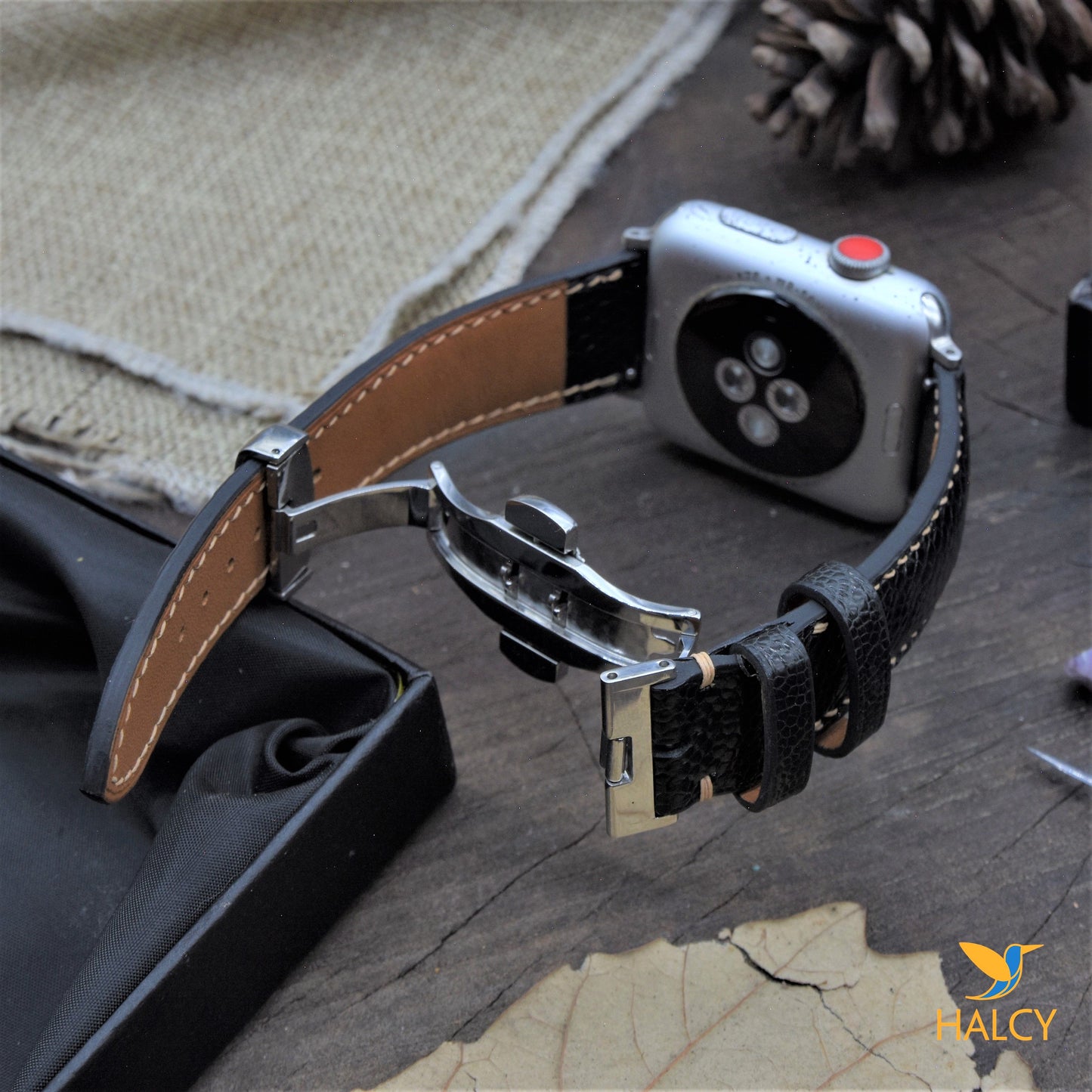 Dây đồng hồ Apple Watch làm thủ công từ da chân đà điểu - Khóa bướm- Lựa chọn màu khóa