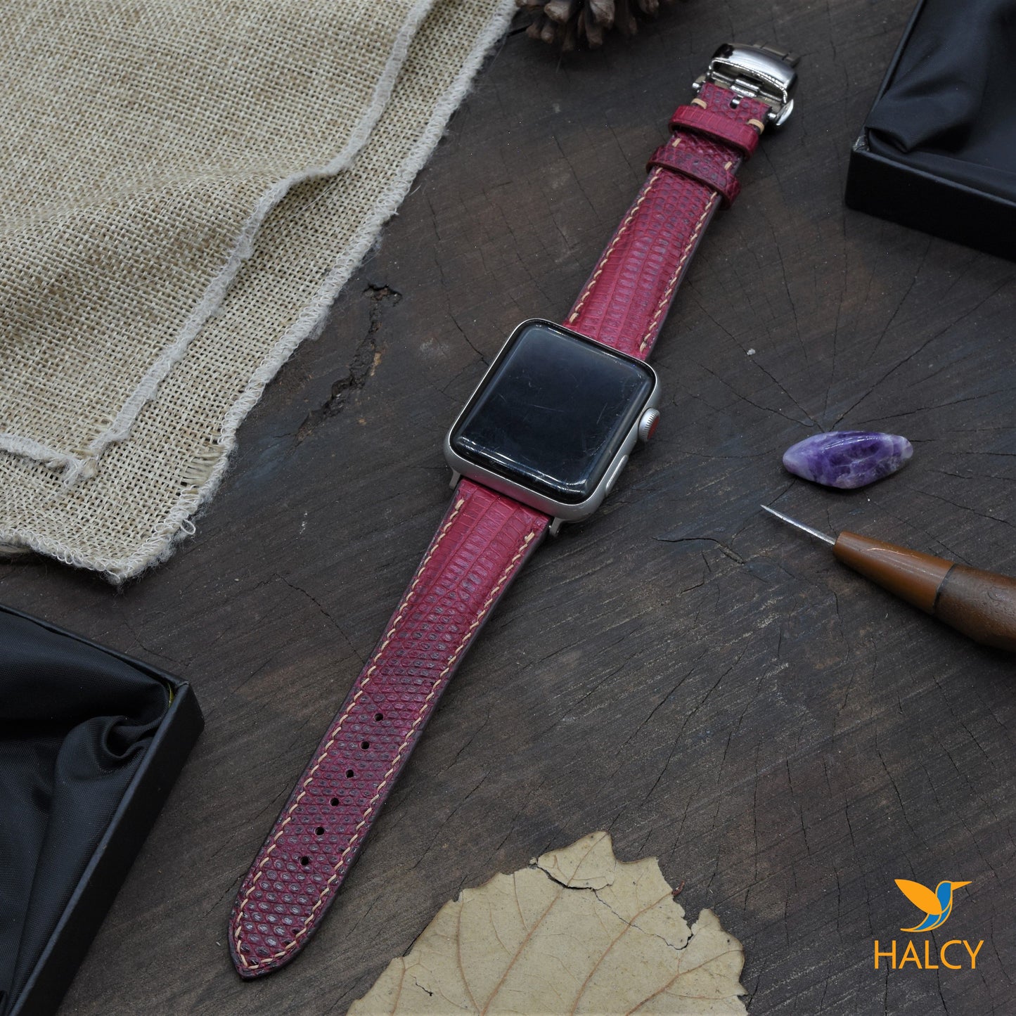 Dây đồng hồ Apple Watch làm thủ công từ Da Kỳ Đà Thái Lan - Khoá Bướm