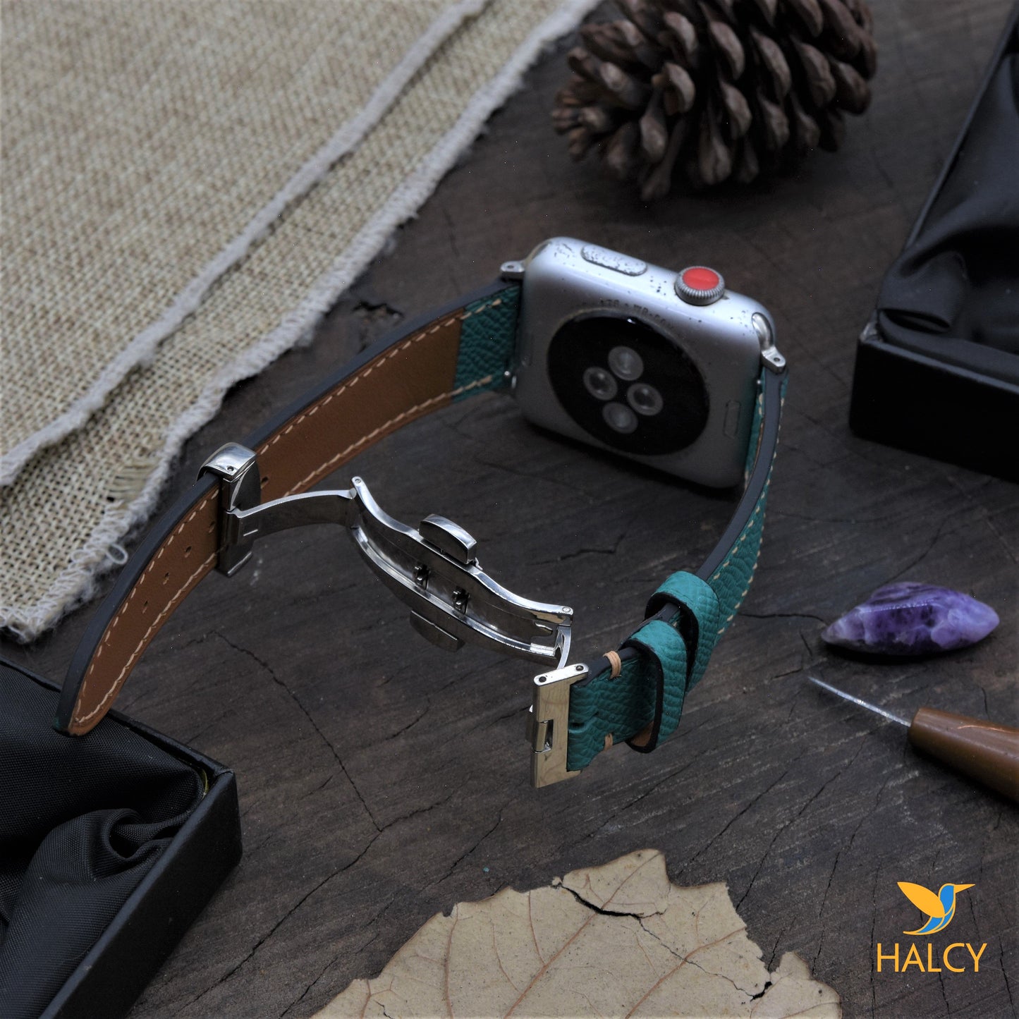 Dây đồng hồ Apple Watch làm thủ công từ da bê Epsom Pháp - Khóa bướm, lựa chọn màu khóa