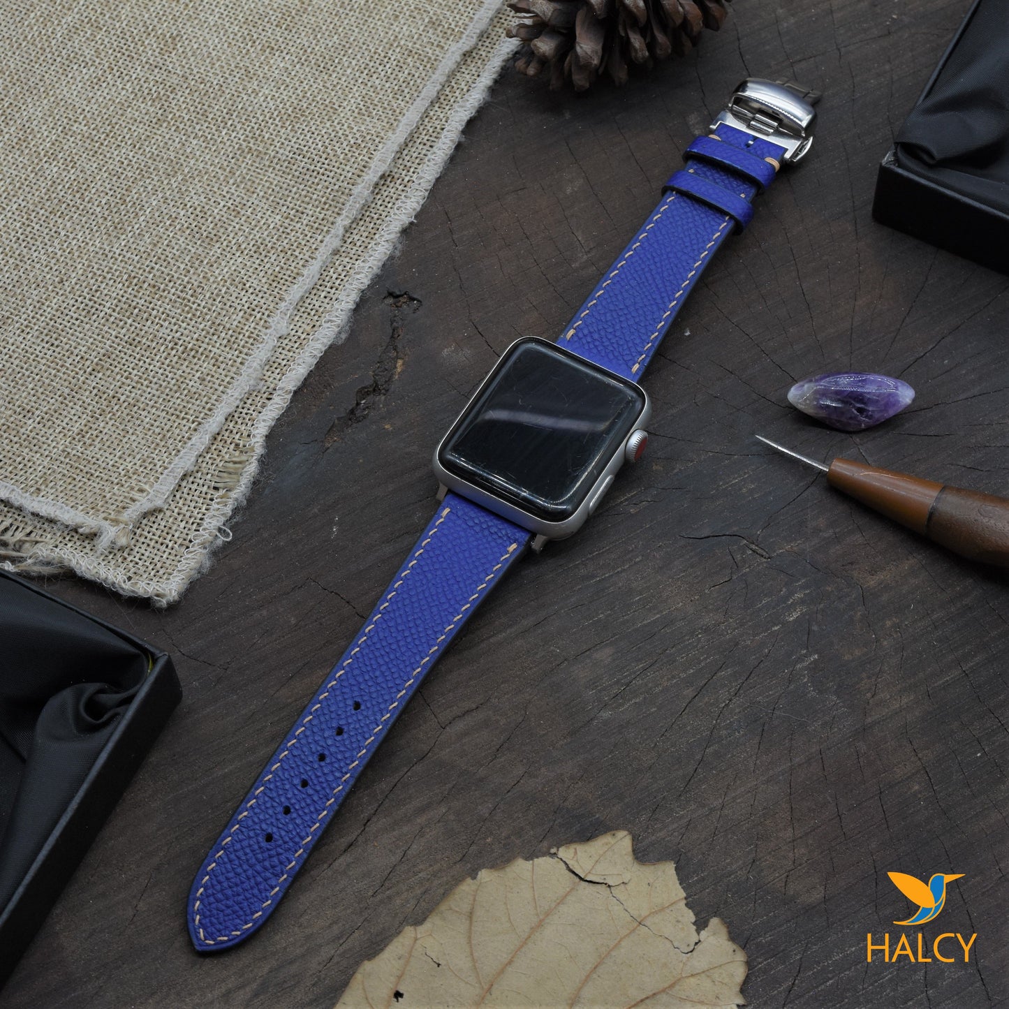 Dây đồng hồ Apple Watch làm thủ công từ da bê Epsom Pháp - Khóa bướm, lựa chọn màu khóa