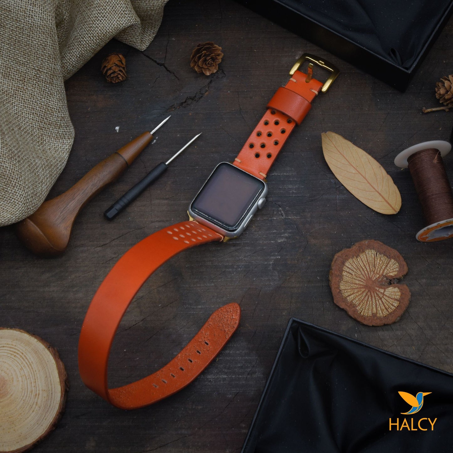 Dây đồng hồ Apple Watch hai vòng màu cam làm thủ công từ da bò Vegetable Tanned của Ý - Lựa chọn màu khóa