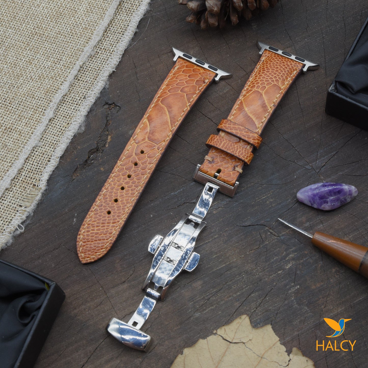Dây đồng hồ Apple Watch làm thủ công từ da chân đà điểu vảy - Khóa bướm- Lựa chọn màu khóa