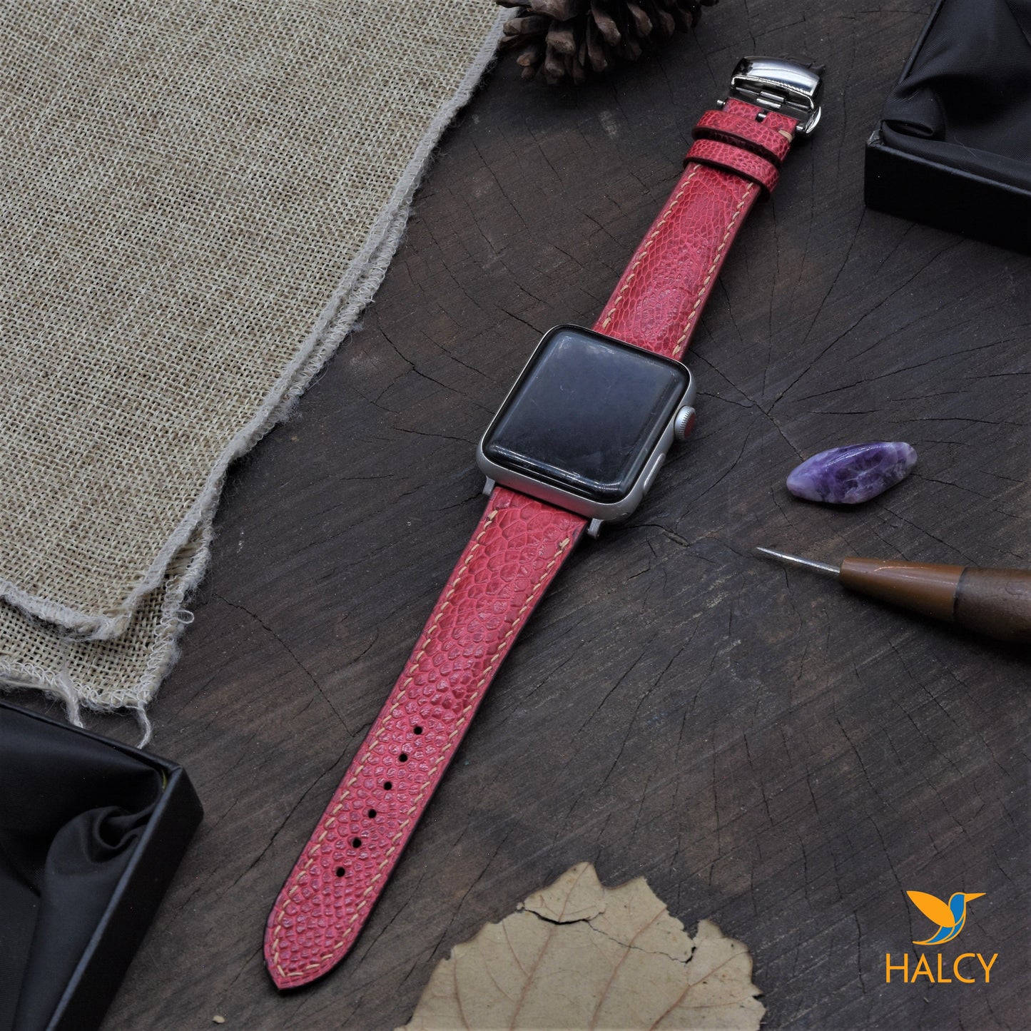 Dây đồng hồ Apple Watch làm thủ công từ da chân đà điểu - Khóa bướm- Lựa chọn màu khóa