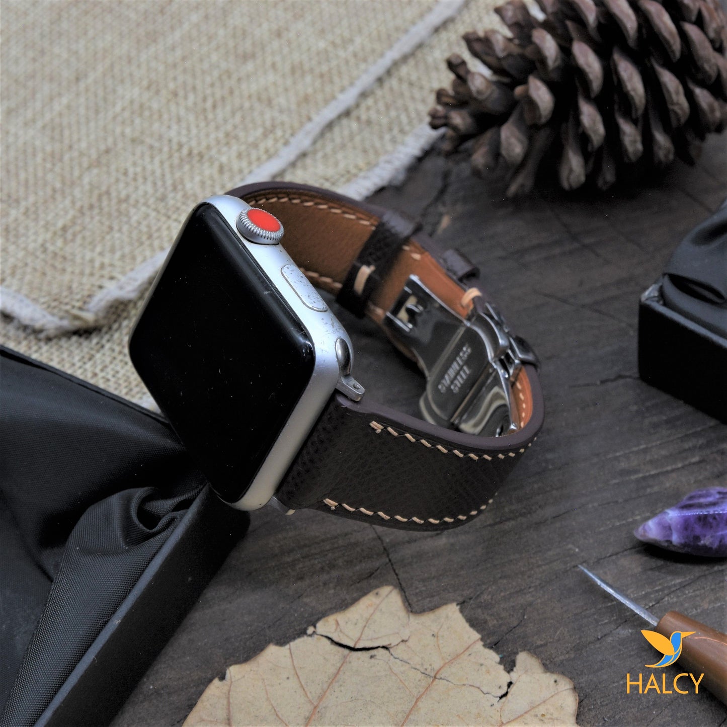 Dây đồng hồ Apple Watch làm thủ công từ da bê Epsom Pháp - Khóa bướm, lựa chọn màu khóa