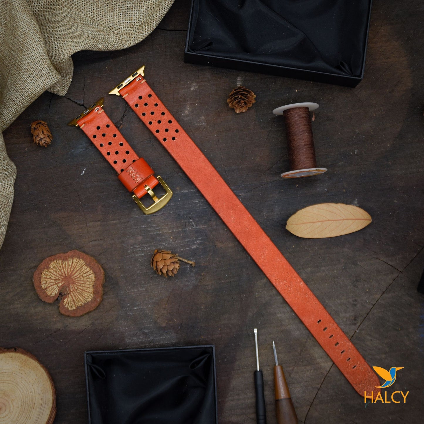 Dây đồng hồ Apple Watch hai vòng màu cam làm thủ công từ da bò Vegetable Tanned của Ý - Lựa chọn màu khóa