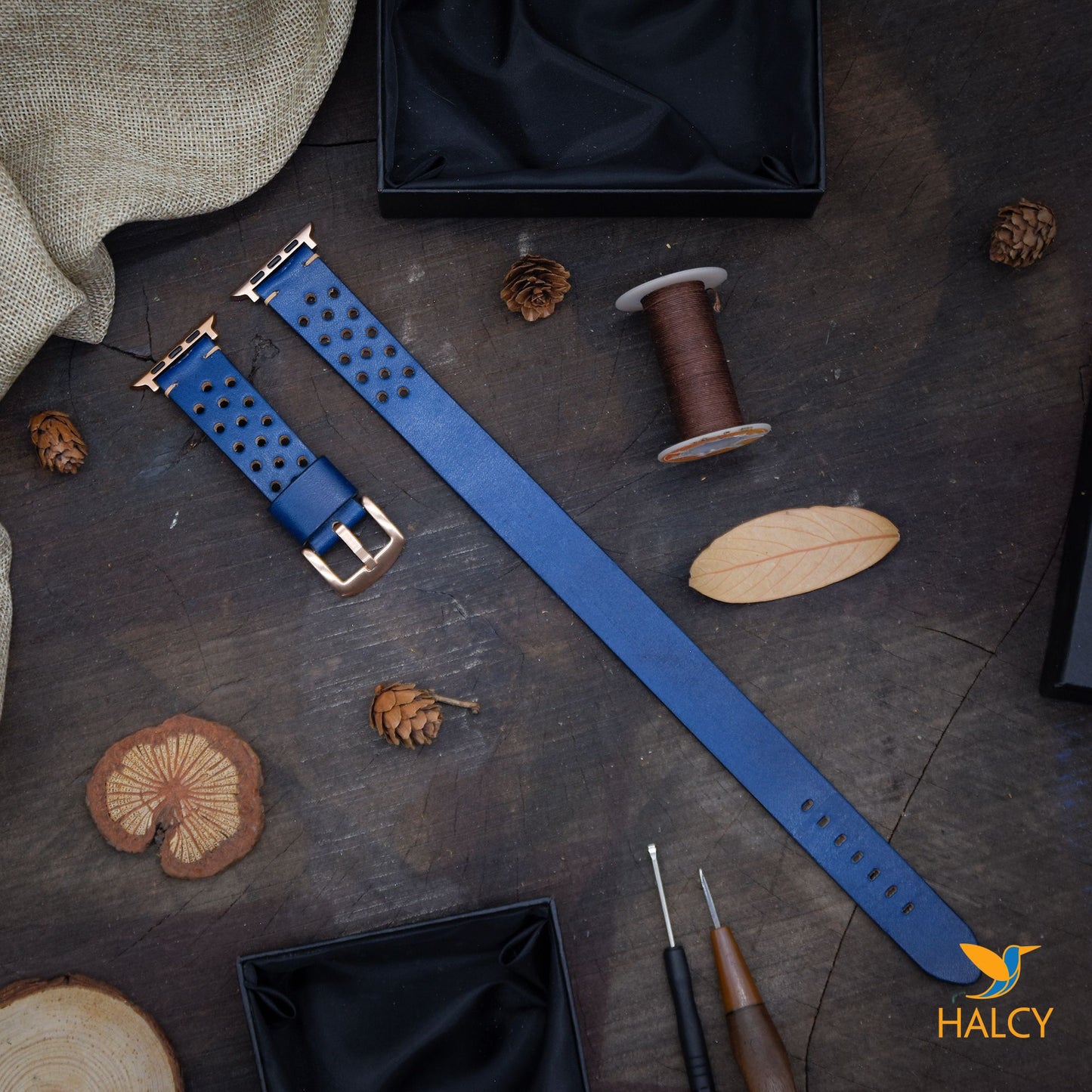 Dây đồng hồ Apple Watch hai vòng màu xanh navy làm thủ công từ da bò Vegetable Tanned của Ý - Lựa chọn màu khóa