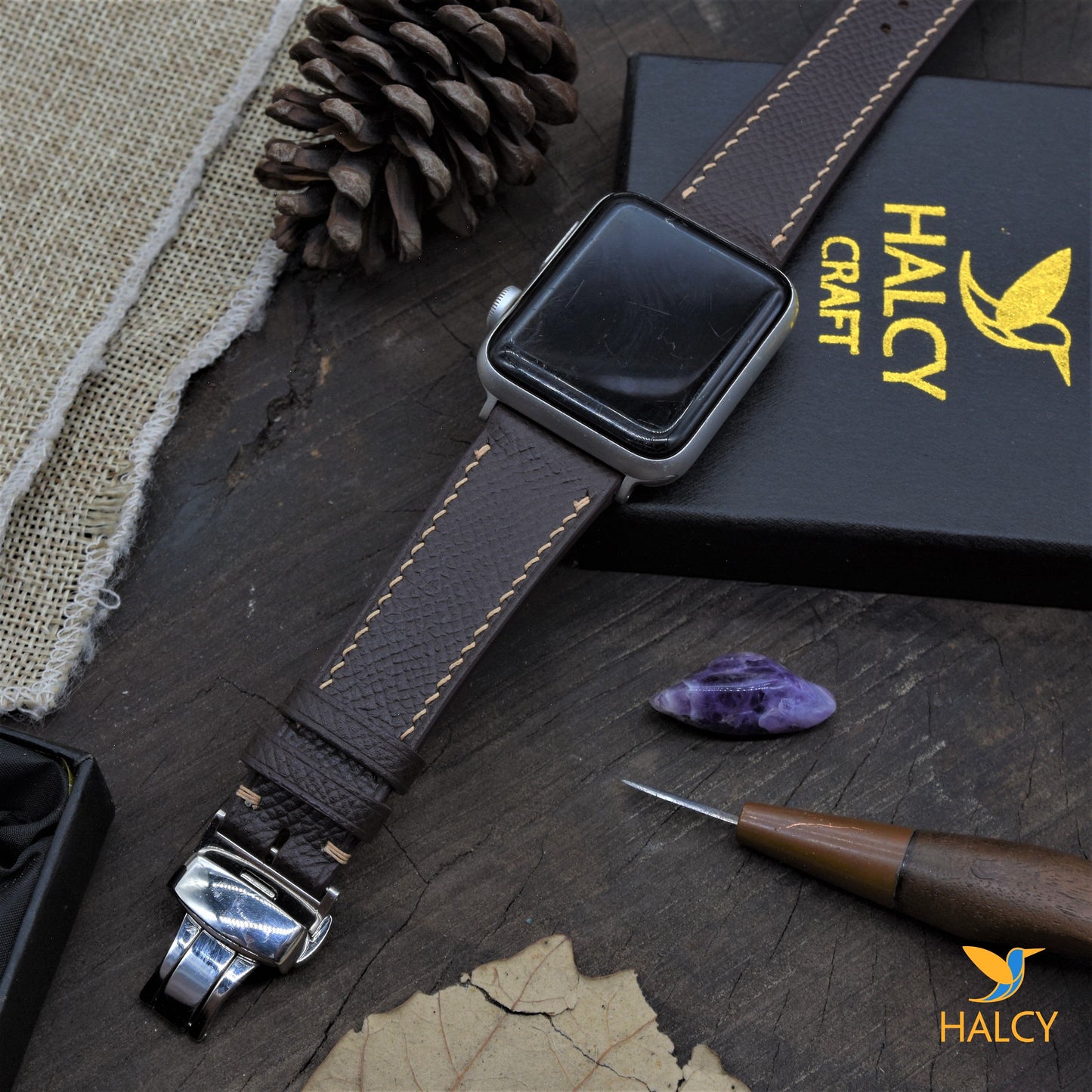 Dây đồng hồ Apple Watch làm thủ công từ da bê Epsom Pháp - Khóa bướm, lựa chọn màu khóa