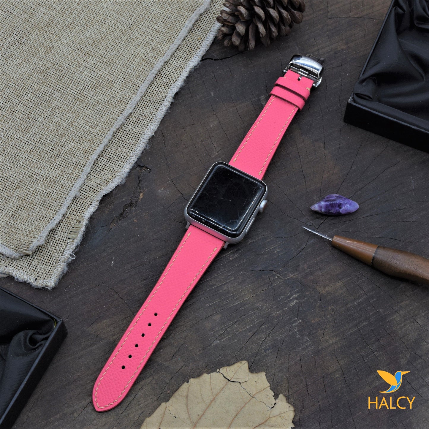 Dây đồng hồ Apple Watch làm thủ công từ da bê Epsom Pháp - Khóa bướm, lựa chọn màu khóa
