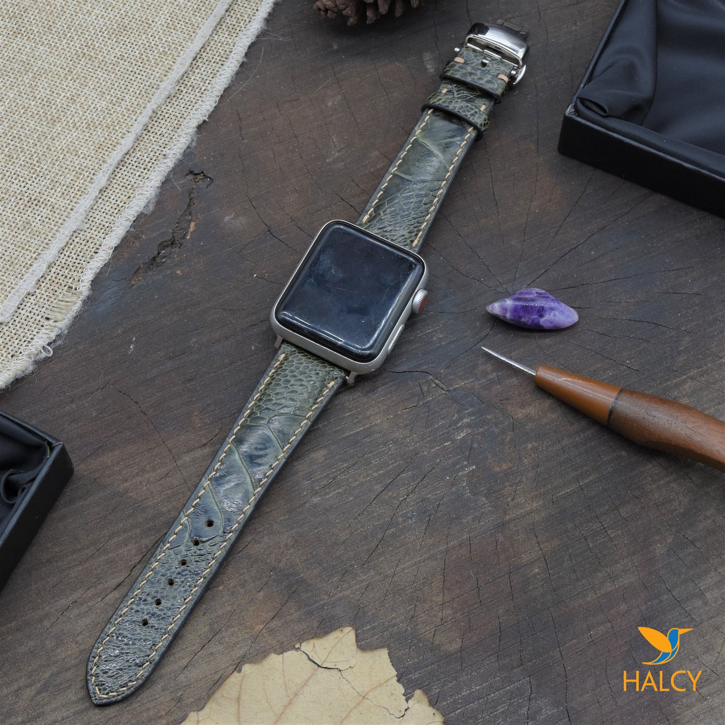 Dây đồng hồ Apple Watch làm thủ công từ da chân đà điểu vảy - Khóa bướm- Lựa chọn màu khóa