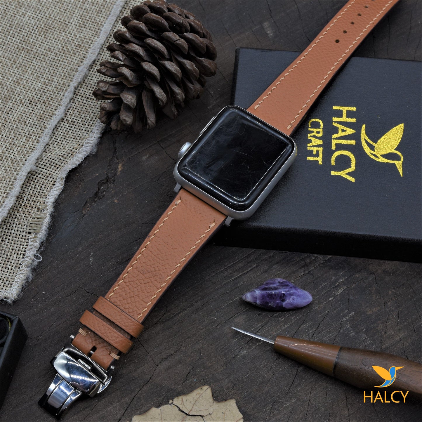 Dây đồng hồ Apple Watch làm thủ công từ da bê Epsom Pháp - Khóa bướm, lựa chọn màu khóa