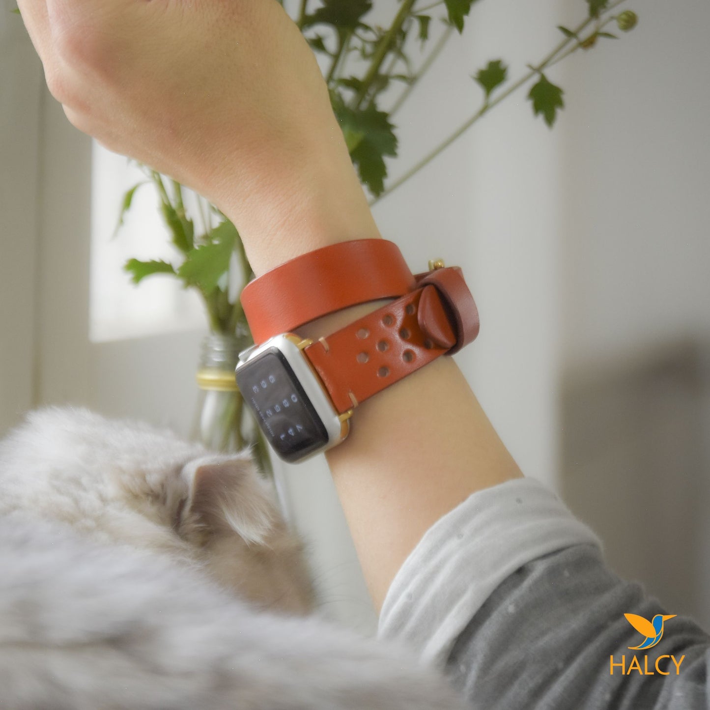 Dây đồng hồ Apple Watch hai vòng màu cam làm thủ công từ da bò Vegetable Tanned của Ý - Lựa chọn màu khóa