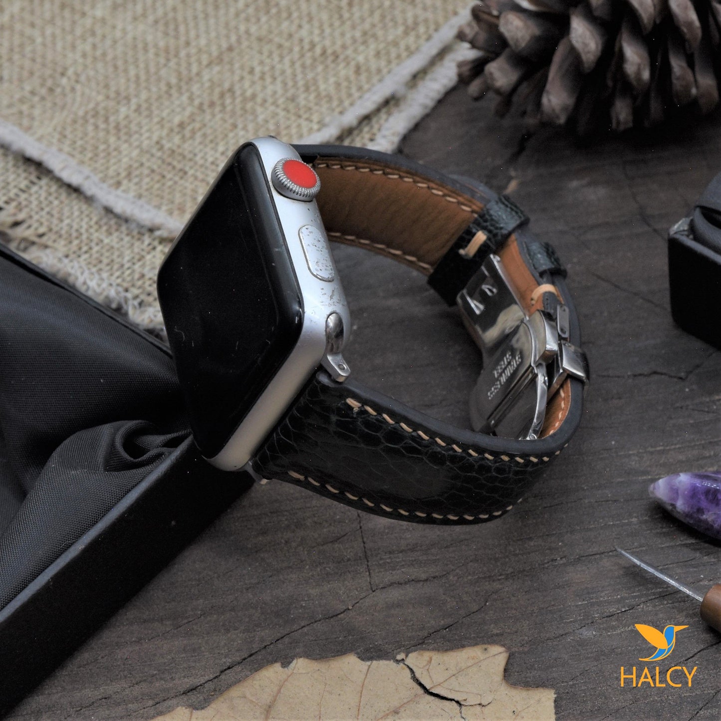 Dây đồng hồ Apple Watch làm thủ công từ da chân đà điểu - Khóa bướm- Lựa chọn màu khóa