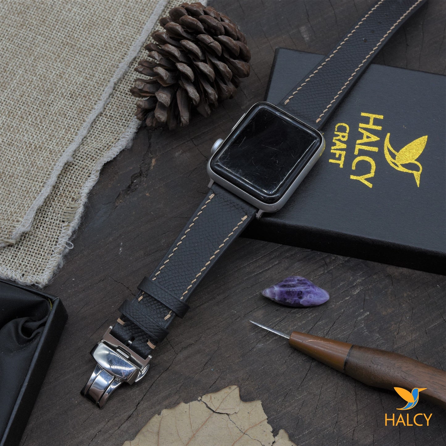 Dây đồng hồ Apple Watch làm thủ công từ da bê Epsom Pháp - Khóa bướm, lựa chọn màu khóa