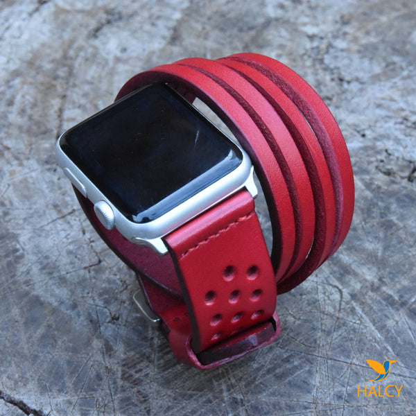 Dây đồng hồ Apple Watch hai vòng màu đỏ làm thủ công từ da bò Vegetable Tanned  của Ý - Lựa chọn màu khóa