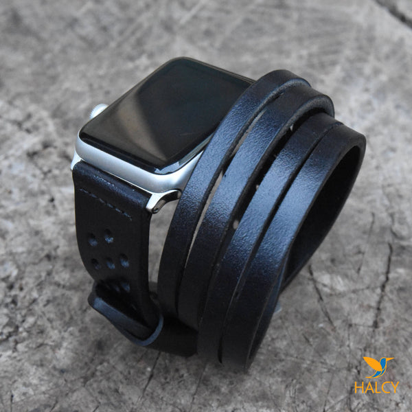 Dây đồng hồ Apple Watch hai vòng màu đen làm thủ công từ da bò Vegetable Tanned  của Ý - Lựa chọn màu khóa