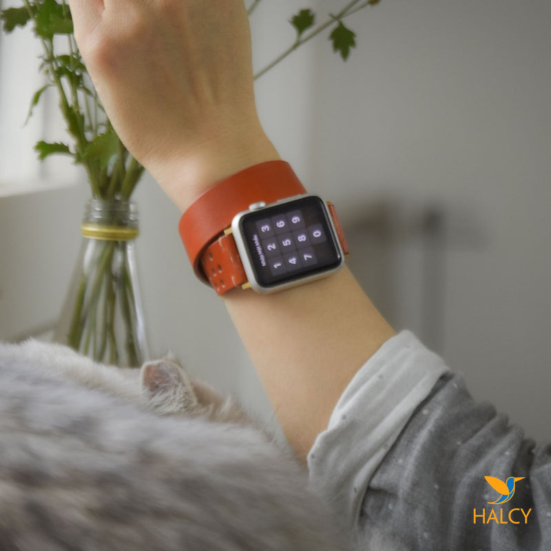 Dây đồng hồ Apple Watch hai vòng màu cam làm thủ công từ da bò Vegetable Tanned  của Ý - Lựa chọn màu khóa