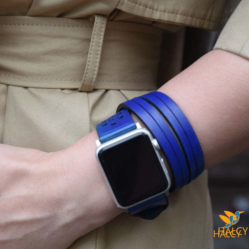 Dây đồng hồ Apple Watch hai vòng màu xanh navy làm thủ công từ da bò Vegetable Tanned  của Ý - Lựa chọn màu khóa