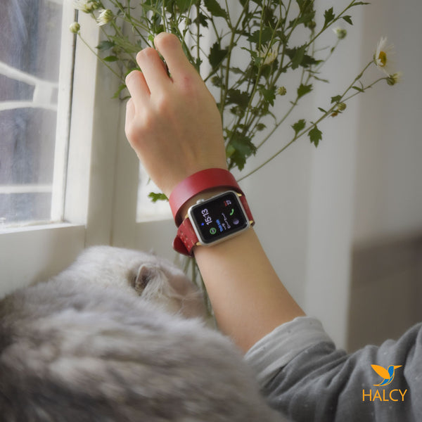 Dây đồng hồ Apple Watch hai vòng màu đỏ làm thủ công từ da bò Vegetable Tanned  của Ý - Lựa chọn màu khóa