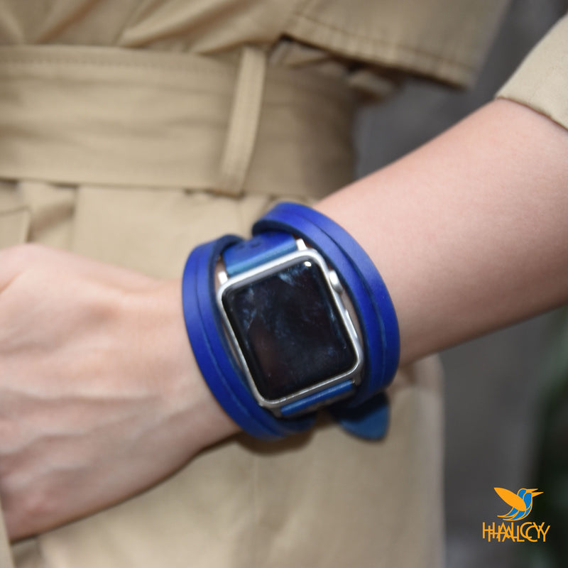 Dây đồng hồ Apple Watch hai vòng màu xanh navy làm thủ công từ da bò Vegetable Tanned  của Ý - Lựa chọn màu khóa