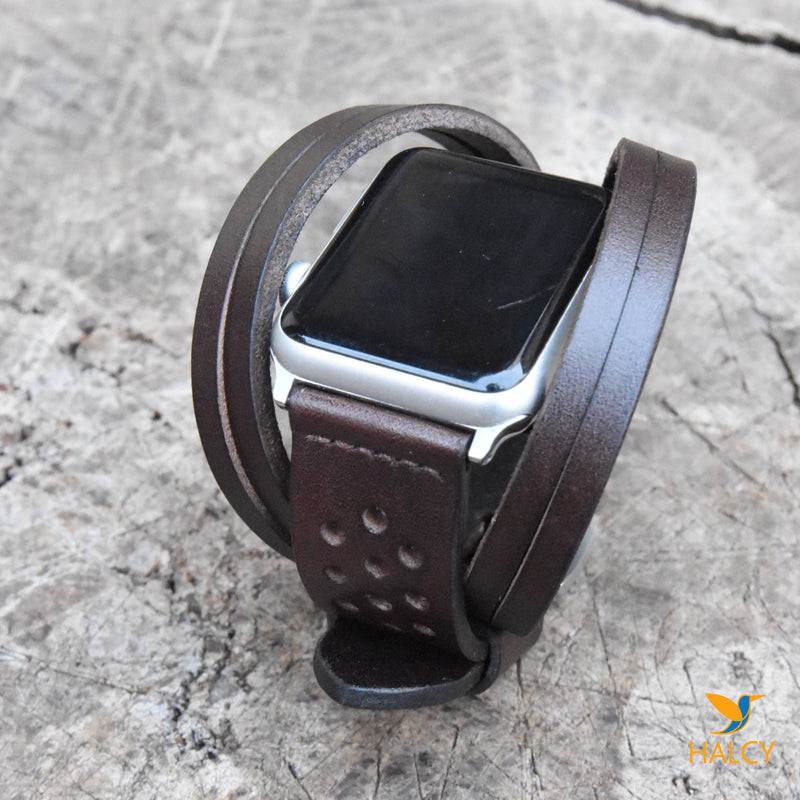 Dây đồng hồ Apple Watch hai vòng màu nâu làm thủ công từ da bò Vegetable Tanned  của Ý - Lựa chọn màu khóa